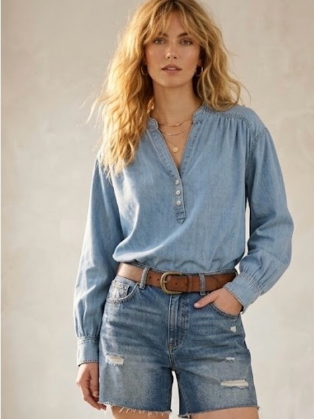 Time and Tru Light Blue Denim Button-Front Henley Shirt